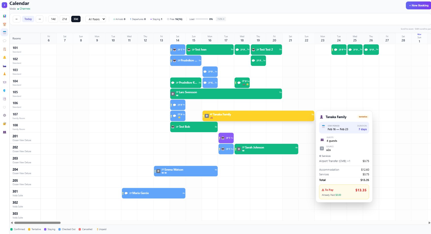 Hotel admin calendar with booking management