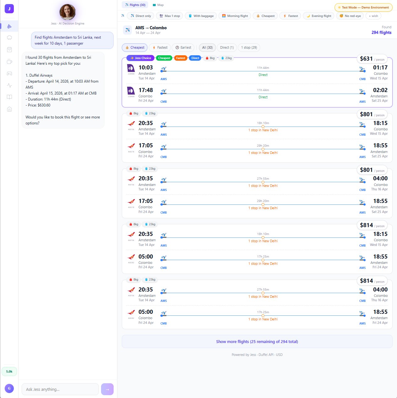 Jess AI — Flight search with 294 results, smart sorting, and Jess Choice recommendation