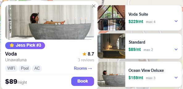 Hotel popup with room mini-cards